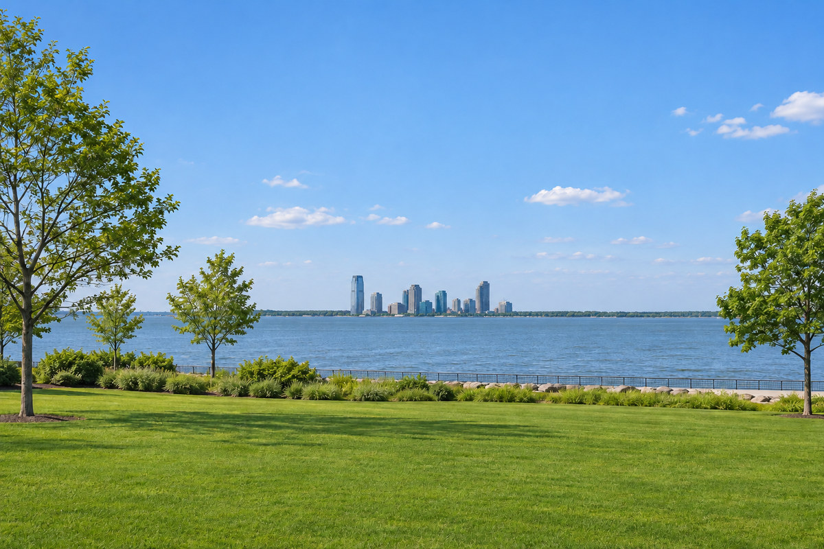 Jersey City waterfront towers along the Hudson River, seen across the lawns of Liberty State Park