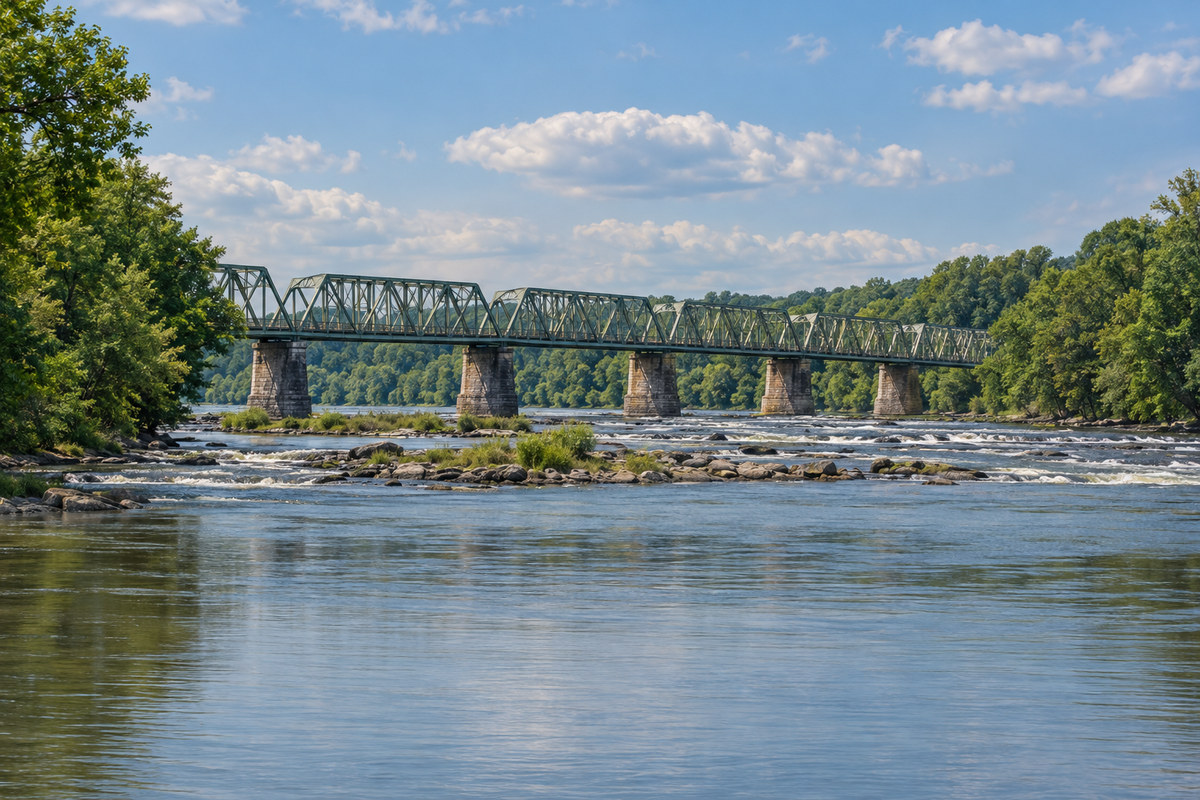 The Delaware River at Trenton, with the steel truss of the Lower Trenton Bridge and trees along both banks