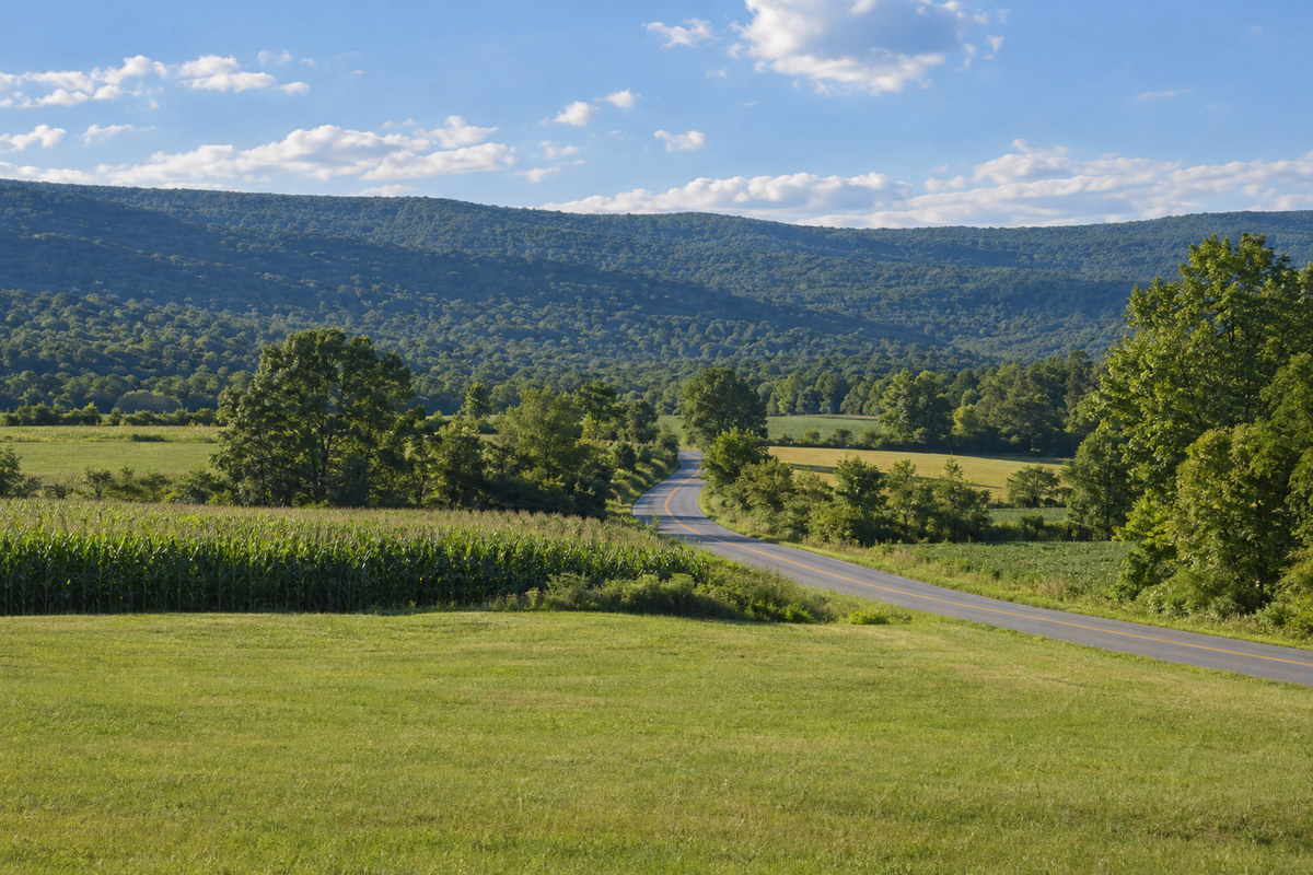 Wooded ridges above farm fields and a two-lane county road in Sussex County
